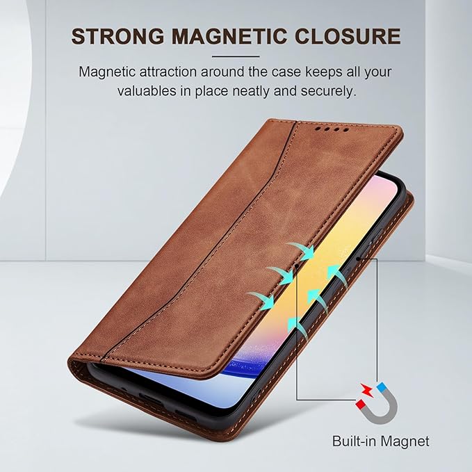 Jasonyu Flip Wallet Case for Samsung Galaxy A25 5G,Leather Magnetic Folio Cover with Card Holder,Kickstand - TPU Shockproof Durable Protective Phone Case,Brown