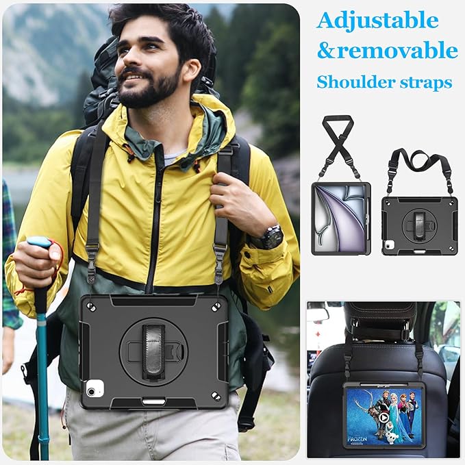 Case for iPad Air 13 Inch M3 2025 & M2 2024: Military Grade Cover for iPad Pro 12.9 6th/5th/4th/3rd Generation W/Screen Protector- Stand- Pencil Holder- Handle- Shoulder Strap- Black