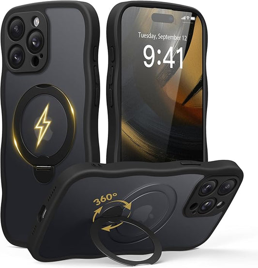 GolbinBox for iPhone 15 Pro Max Case,[Compatible with Magsafe][360°Magnetic Stand][Cute Wave Edge][18ft Military-Grade Protection] Translucent Matte Women Phone Cover for iPhone 15 Promax, Black