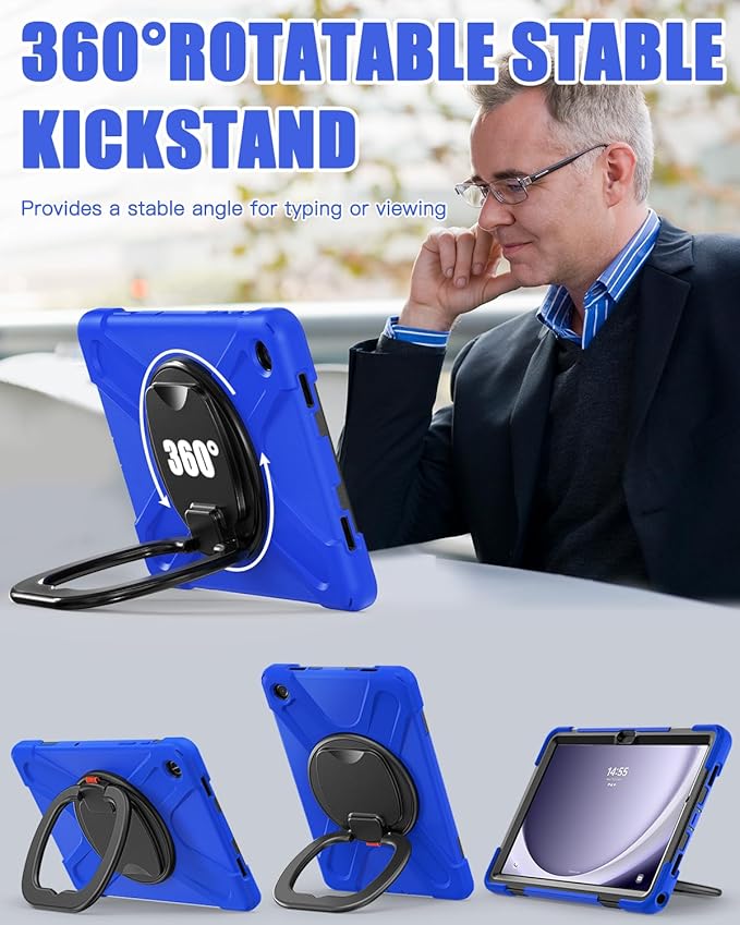BRAECN Case for Samsung Galaxy Tab A9 Plus 11 Inch 2023 SM-X210/X216/X218, Heavy Duty Rugged Silicone Cover with Screen Protector, Handle Grip, Swivel Stand, Shoulder Strap for Samsung Tab A9+, Blue