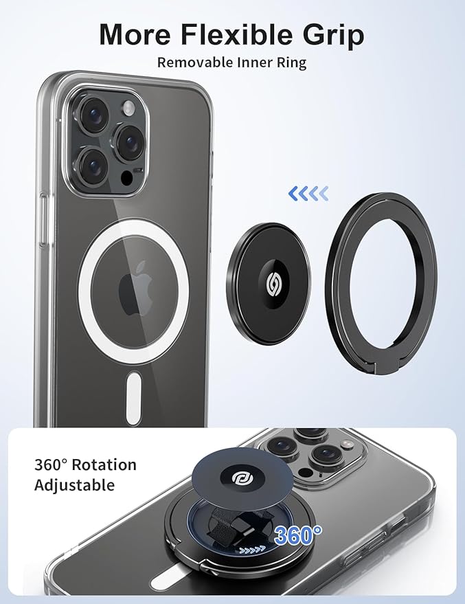 EWA MagOne Ultra (Plate Edition) Phone Grip Stand with Leather Finger Strap, Removable Magnetic Ring Holder Kickstand Loop, Double-Sided Magnetic Accessories for Phone-Black