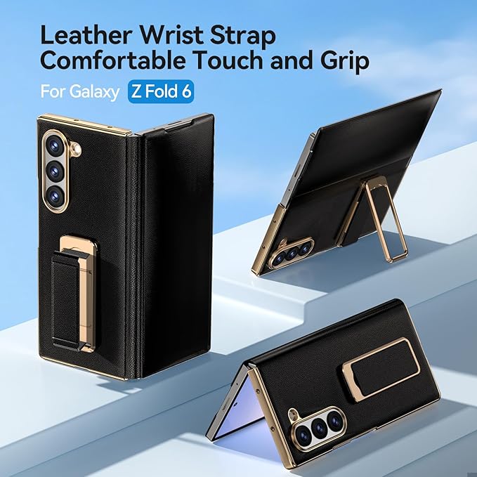 for Samsung Galaxy Z Fold 6 Case with Kickstand,【Military Grade Drop Protection】 【Hinge Protection】, Anti-Scratch Full Body Cover Shockproof Leather Phone Case for Z Fold 6 Case, Black