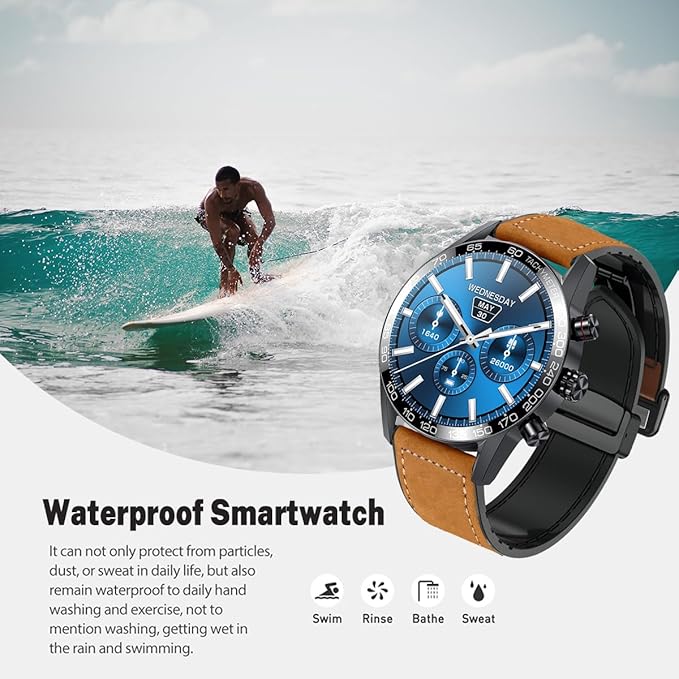 FILIEKEU Men Smart Watch for Android iOS, Bluetooth Calls Voice Chat with Heart Rate/Sleep Monitor Fitness Tracker, IP67 Waterproof Leather Activity Tracker Watch for Men