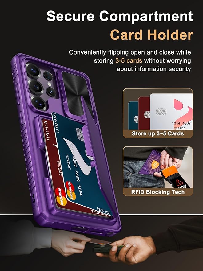 Vihibii for Samsung Galaxy S25 Ultra Wallet Case, Built-in Card Holder (4 Cards), [RFID Blocking] & Slide Camera Lens Protective Cover, Heavy Duty Phone Cover for Samsung Galaxy S25 Ultra, Dark Purple