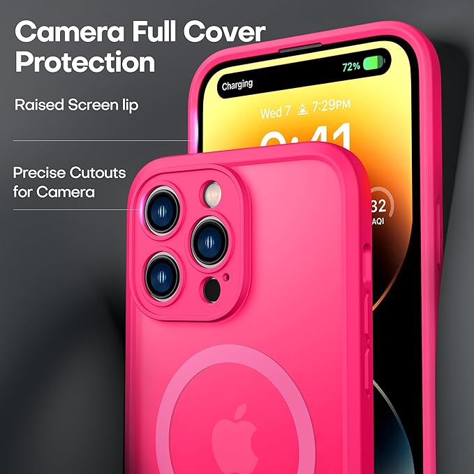 ImpactStrong Magnetic Guard Designed for iPhone 14 Pro Max Case [Camera Protection] [Military Grade Drop Tested] [Compatible with MagSafe] Slim Translucent Matte Phone Case (6.7") - Hot Pink