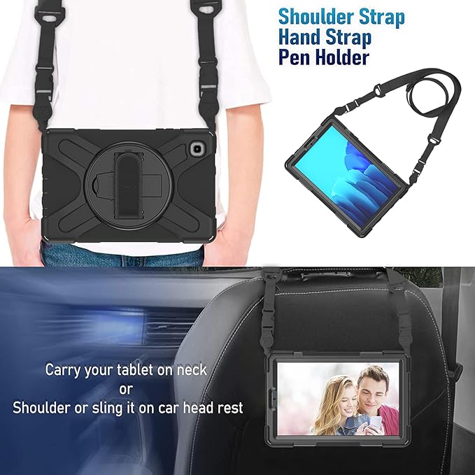 ZenRich Carrying Case for Samsung Galaxy Tab A7 Lite 2021 8.7'' SM-T220/T225/T227, Heavy Duty Rugged Full-Body Protective Case with [360 Rotating Stand] [Hand Strap][Shoulder Belt], Black