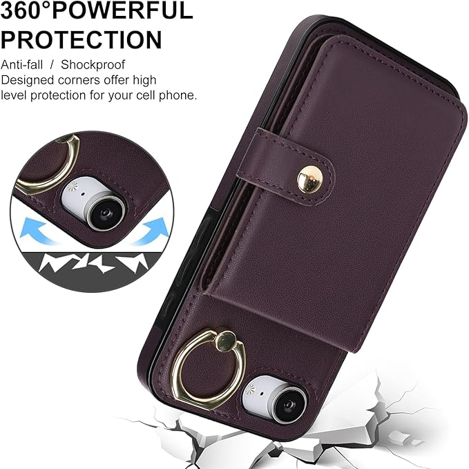 Compatible iPhone 16e Wallet Case with Card Holder RFID Blocking PU Leather Doubles as a Wallet Unisex Flip Shockproof Protection with Card Slots Ring Wrist Kickstand Function,Purple