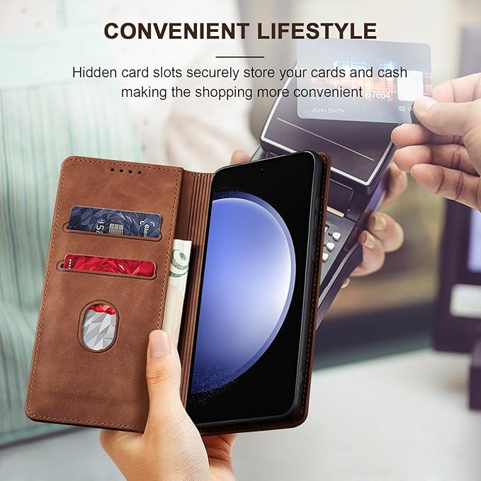 Jasonyu Flip Wallet Case for Samsung Galaxy S23 FE,Leather Magnetic Folio Cover with Card Holder,Kickstand - TPU Shockproof Durable Protective Phone Case,Brown