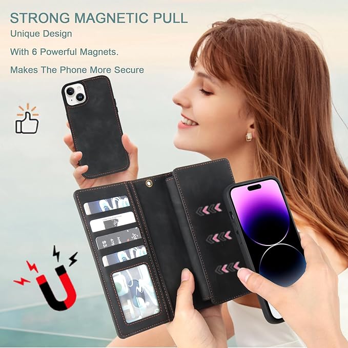 TwoHead Wallet Case Compatible with iPhone 15 Plus,Detachable Magnetic Phone Case,All-Round Shockproof Protective Leather Phone Case with Card Holder,6.7 in
