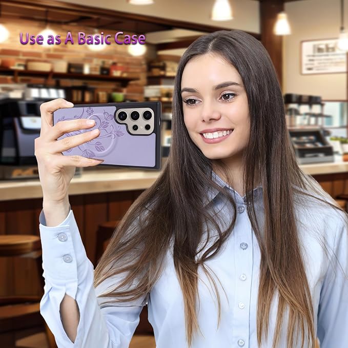 Lacass for Samsung Galaxy S24 Ultra Case Wallet,Compatible with MagSafe 2 in 1 Magnetic Detachable PU Leather RFID Blocking Wallet Cover Card Holder Zipper Wrist Strap Lanyard,Floral Light Purple