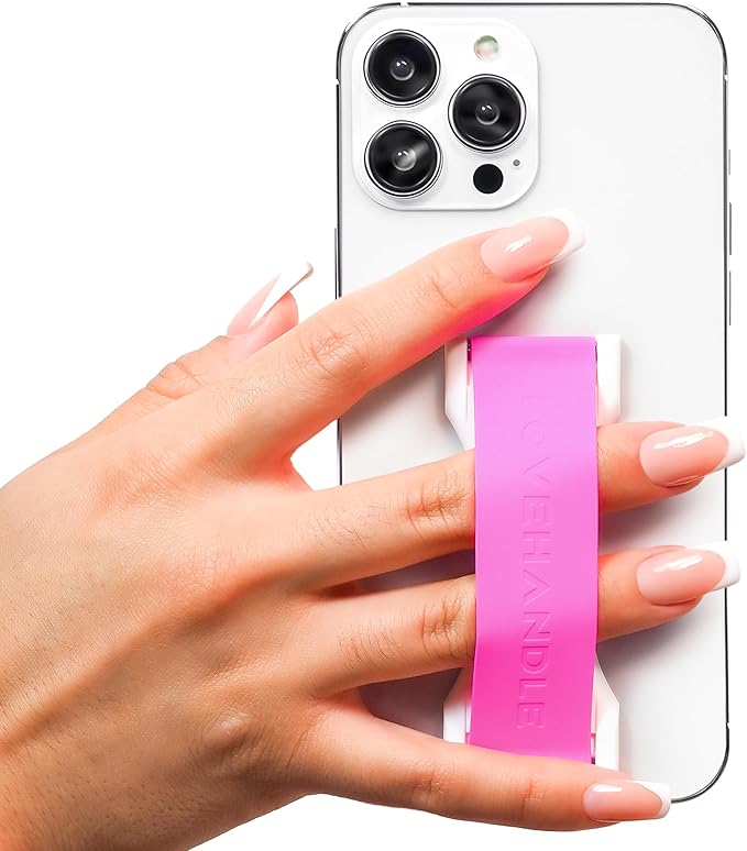 LOVEHANDLE PRO Premium Phone Grip - Silicone Phone Strap - Magnetic Phone Mount and Kickstand for Smartphone and Tablet - Hot Pink Silicone on White Base