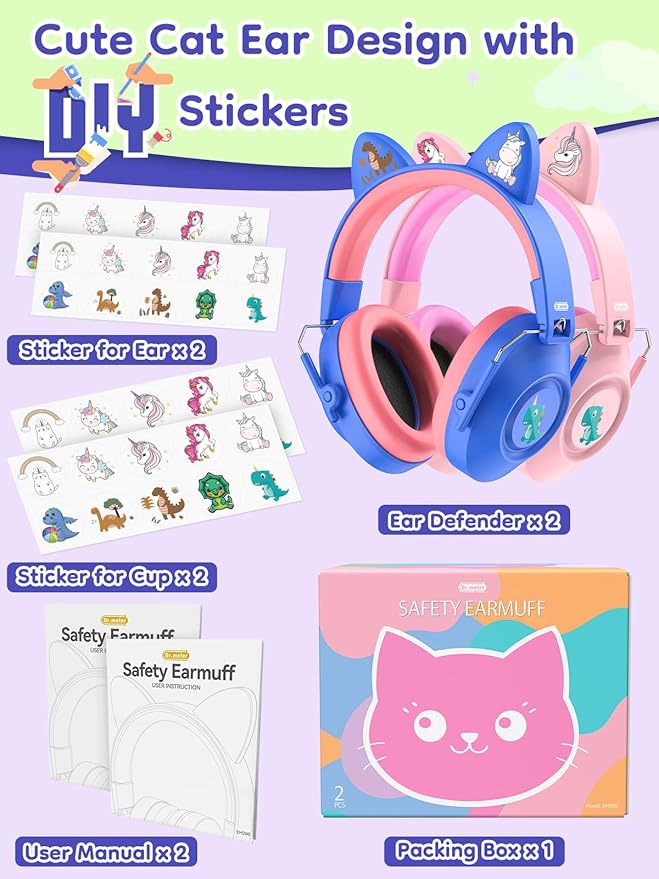 Dr.meter Noise Cancelling Headphones for Kids, SNR 32dB Kids Hearing Protection Earmuffs for Noise Reduction, Head Band Adjustable Ear Muffs for Autism Sensory, Outdoor Activity 2Pack Pink+Blue