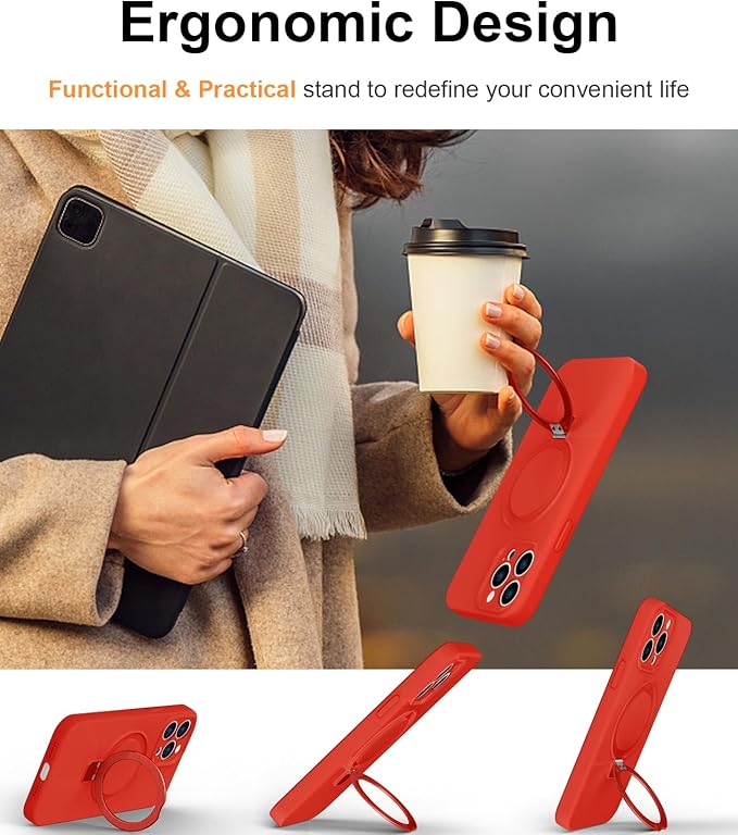 ZHK Liquid Silicone Designed for iPhone 13 pro Case with Magnet Stand, [Precise Camera Lens Protection][Mil-Grade Drop Shockproof][Soft Anti-Scratch Microfiber Lining] Slim Fit Cover, Red