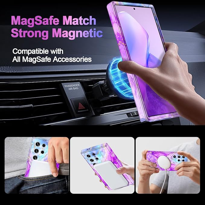 Casetego for Galaxy S24 Ultra Case,Compatible with MagSafe,[Military Grade Drop Test] Full Body Protection Slim Shockproof Rugged Marble Women Case for Samsung Galaxy S24 Ultra 6.8 inch,Bright Purple