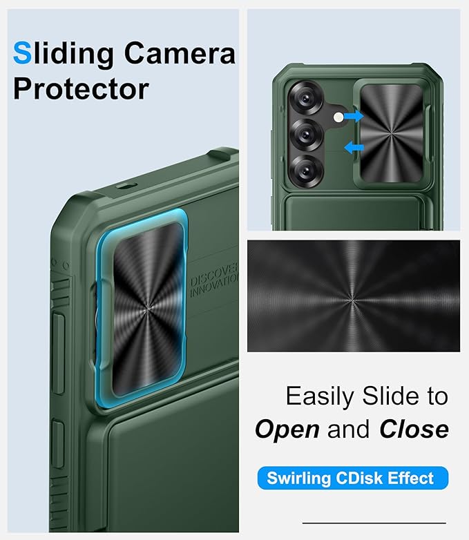 Multifuncional Case for Samsung Galaxy S25, Card Holder (4-5 Cards), RFID Block, Slide Lens Cover, Military Grade Drop Protection, Heavy Duty Men Women Wallet Phone Case for Samsung S25, Green