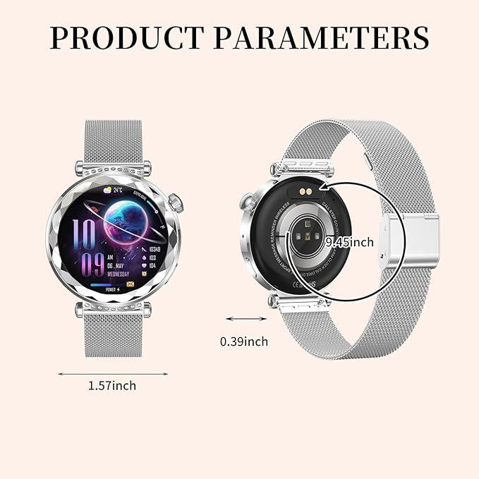 Smart Watch for Women, Fitness Tracker for Android/iOS, 1.19" AMOLED Screen Smartwatches with Female Cycle, Heart Rate, Sleep Monitor, Activity Tracking (2 Watch Bands) (Silver)