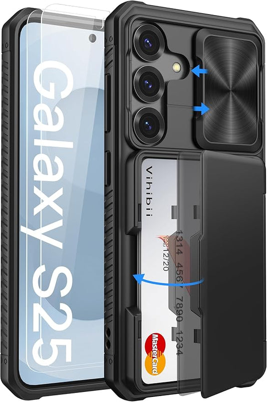 Vihibii for Samsung Galaxy S25 Case with [2X Screen Protector], Built-in Card Holder (4 Cards), [RFID Blocking] & Slide Camera Cover & Tempered Glass Films, Rugged Case Wallet for S25 6.2" 2025, Black