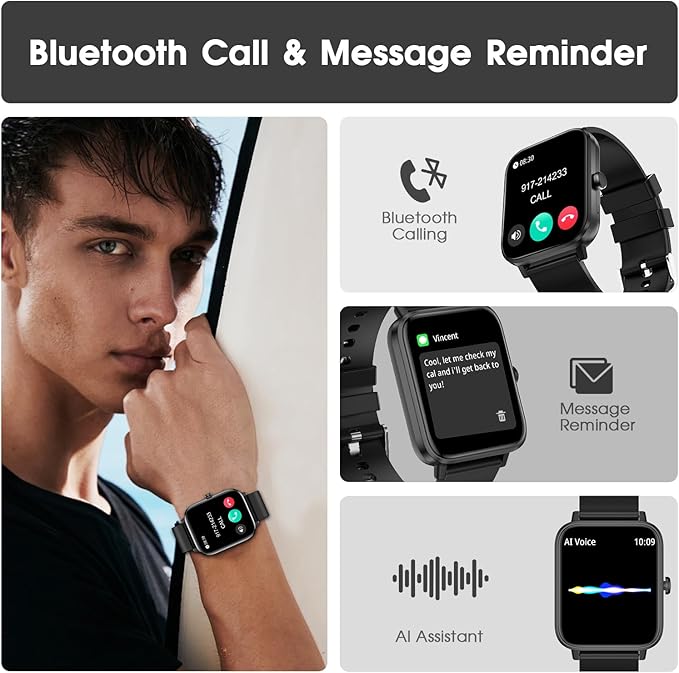 Smart Watch (Answer/Make Call): 1.85" Waterproof Fitness Trackers with 24-Hours Blood Pressure Heart Rate SpO2 Sleep Monitor Watches for Men Women, iPhone Android Compatible (Stone Black)