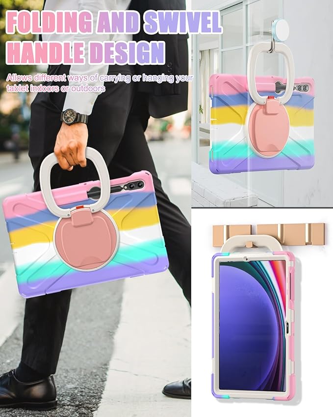 BRAECN Case for Samsung Galaxy Tab S10+/S9 FE+/S9+ 12.4 Inch 2024, Rugged Silicone Case w/S Pen Holder, Screen Protector, Handle Grip/Kickstand,Shoulder Strap for Galaxy Tab S10 Plus, Colorful Pink