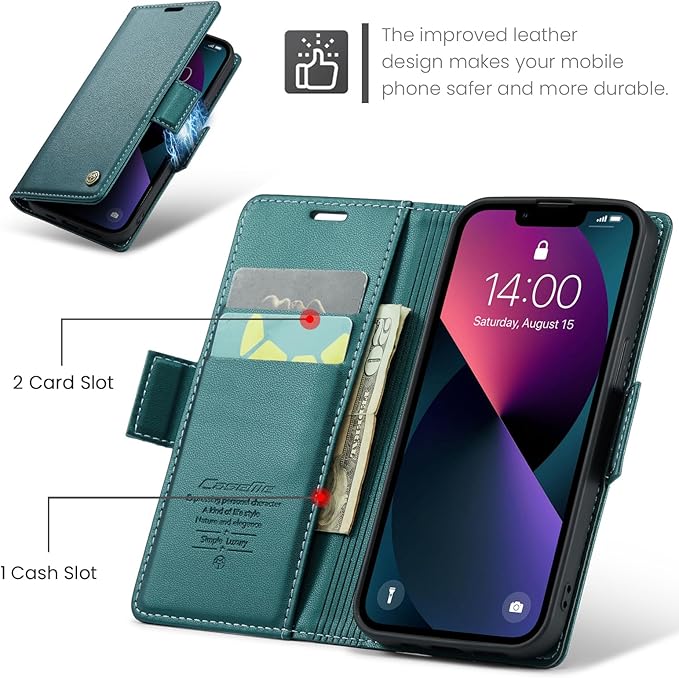 for iPhone 13 Mini Case, Premium PU Leather Wallet Case Flip Cover with [RFID Blocking][Card Holder][Stand Function] Shockproof Protective for iPhone iPhone 13 Mini 5.4 inch, Blue-Green