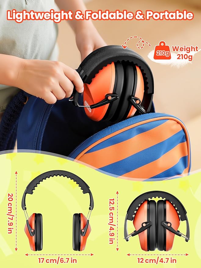 Dr.meter Ear Muffs for Noise Reduction: 27.4SNR Noise Cancelling Headphones for Kids Adults, EM100 Adjustable Hearing Protection Earmuffs for Monster Jam, Autism Sensory, Concerts, Fireworks Orange