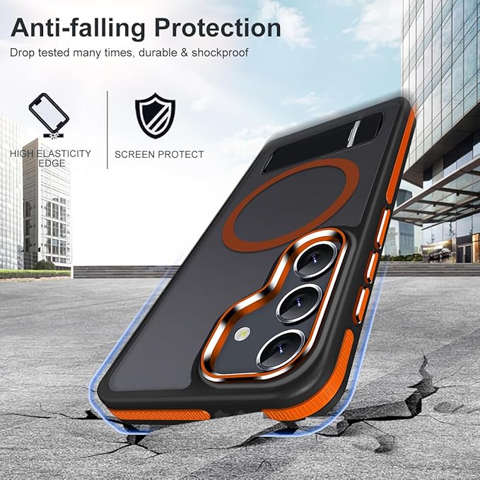 Case for Galaxy S23 FE with 3 Modes Stand, Compatible with Magsafe, Color Hybrid Shockproof with Anti-Slip Edge, Matte Translucent Phone Case for Galaxy S23 FE (Black/Orange)