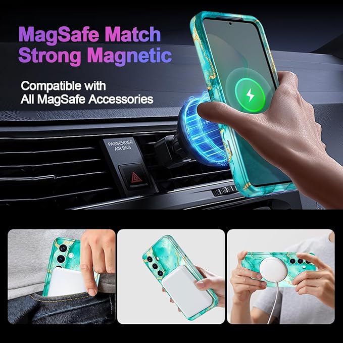 Casetego for Galaxy S24 Case,Compatible with MagSafe,[Military Grade Drop Test] Full Body Protection Slim Shockproof Rugged Marble Women Case for Samsung Galaxy S24 6.2 inch,Turquoise