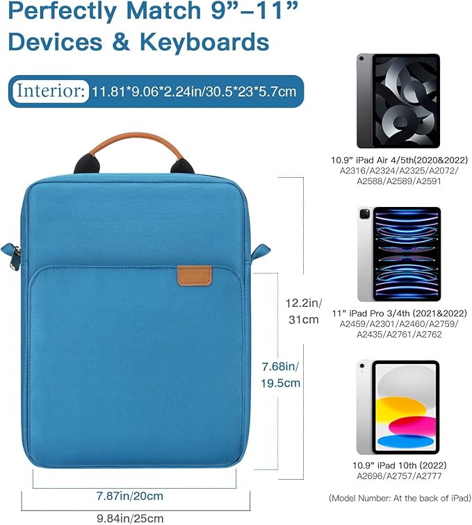 MoKo 9-11 Inch Tablet Sleeve Bag Handle Carrying Case with Shoulder Strap Fits 11inch iPad Air M3, iPad A16 2025, iPadPro 11", iPad10/9/8/7th Gen 10.2, Air 5/4th 10.9, Tab S8/S9 11", Peacock Blue
