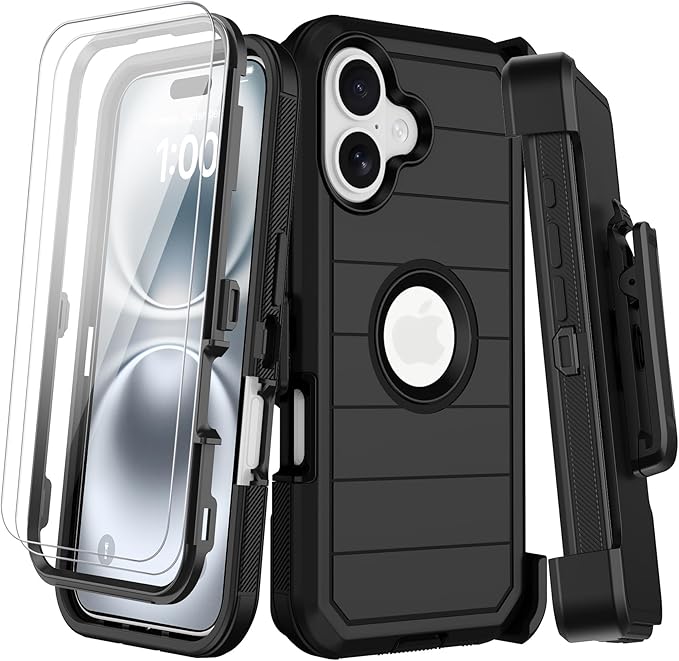 for iPhone 16 Case with 2 Screen Protectors,Heavy Duty Shockproof Drop Protection Military Grade Tri-Layer Rugged Cell Phone Cover with Belt Clip Holster & Kickstand for Apple 16 6.3“ Black