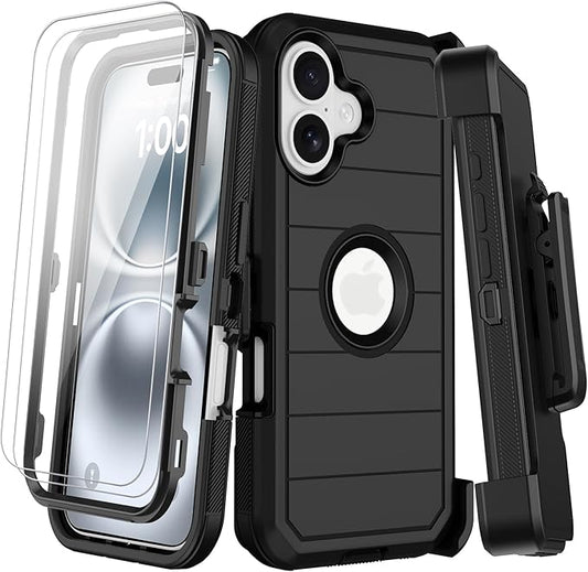 for iPhone 16 Case with 2 Screen Protectors,Heavy Duty Shockproof Drop Protection Military Grade Tri-Layer Rugged Cell Phone Cover with Belt Clip Holster & Kickstand for Apple 16 6.3“ Black