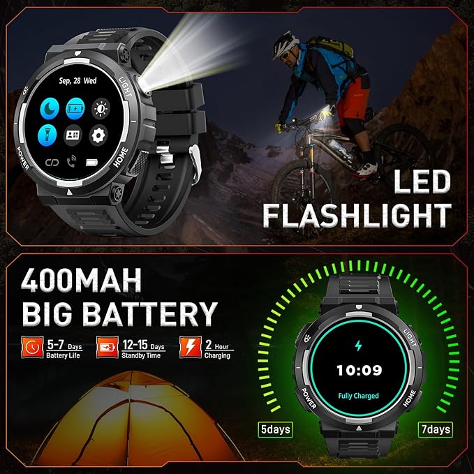 Military Smart Watches for Men (Answer/Make Calls) with LED Flashlight 3ATM Waterproof Smartwatch with 100+ Sports Modes 1.53" Fitness Tracker with Heart Rate Monitor for iPhone Android
