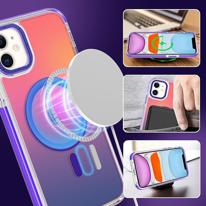 MOWIME Magnetic Case for iPhone 11 [Compatible with Magsafe] [Cute Fashion Fluorescent Design] [1 Screen Protector] Slim Translucent Matte Case for iPhone 11 6.1", Purple