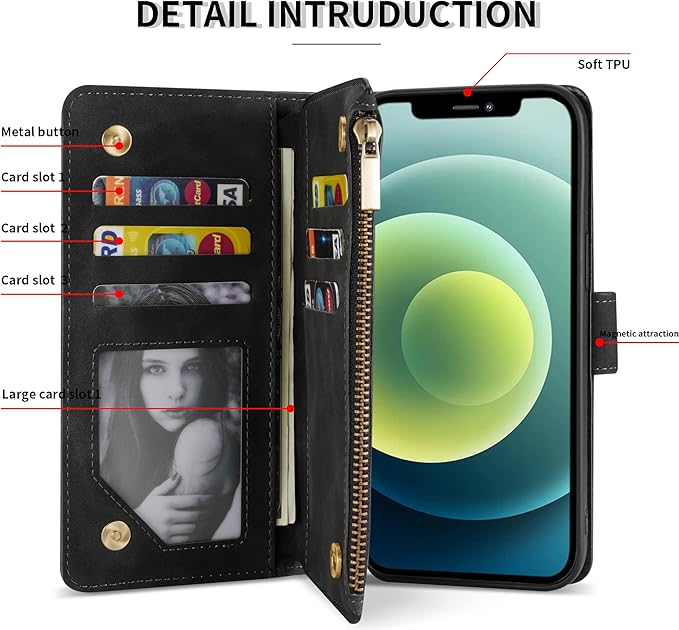 ZZXX for iPhone 12 Mini Wallet Case with Card Slot Premium Soft PU Leather Zipper Flip Folio Wallet with Wrist Strap Kickstand Protective for iPhone 12 Mini Case Wallet(Black 5.4 inch)