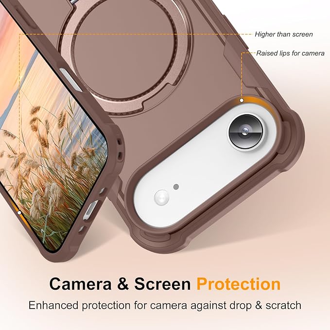 Compatible with iPhone 17 Air Case with Invisible Magnetic Ring Stand [Compatible with Magnetic] [Military Drop Protection] Shockproof Slim Hard Back Soft Edge Case 6.6 Inch, Khaki