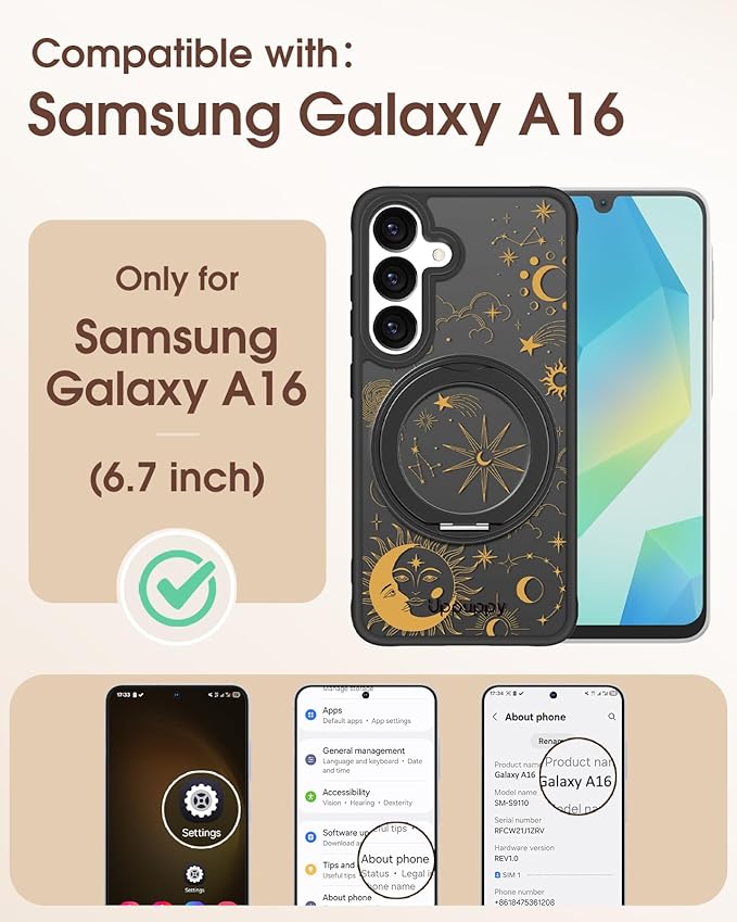 for Samsung Galaxy A16 4G/5G Case with 360° Rotatable Magnetic Ring - Semi-Transparent Anti-Fingerprint Soft-Touch Material Shockproof, Cute Sun Moon Star Design for Women Girl