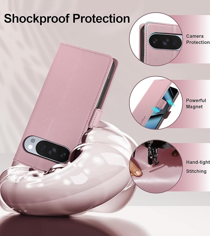 Wallet Flip Case for Google Pixel 10/10 Pro 5G - [RFID Blocking] Luxury PU Leather Card Holder Magnetic Phone Cover with Kickstand,Shockproof Protective Case,Pink