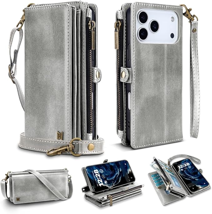 for iPhone 17 Pro Max Wallet Phone Case with 8 Card Holder,RFID Blocking | PU Leather | Kickstand | Flip | Wrist Strap&Shoulder Strap | Shockproof | Zipper Wallet | Women Men | 6.9" | Silvery