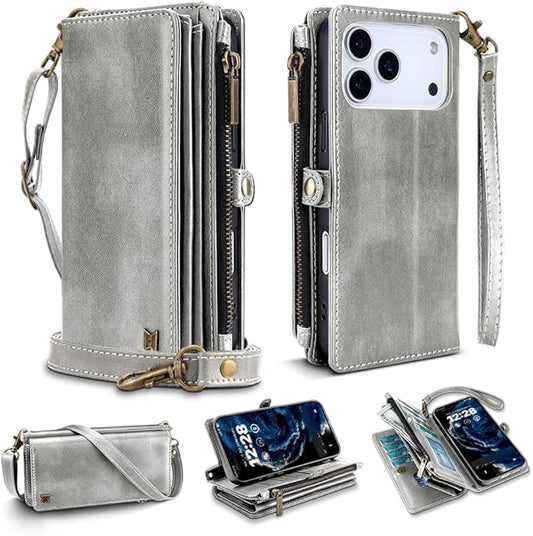 for iPhone 17 Pro Max Wallet Phone Case with 8 Card Holder,RFID Blocking | PU Leather | Kickstand | Flip | Wrist Strap&Shoulder Strap | Shockproof | Zipper Wallet | Women Men | 6.9" | Silvery