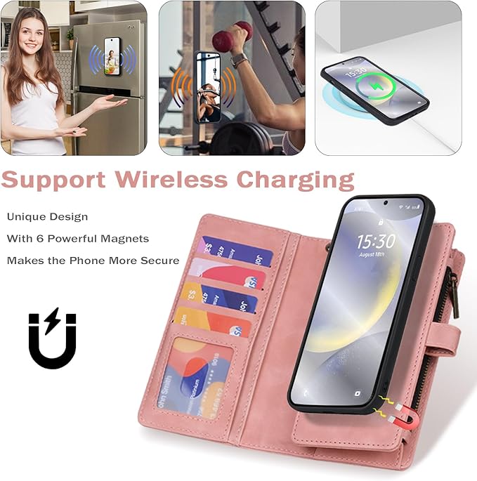 TwoHead for Samsung Galaxy S24 Plus Wallet Case with Card Holder, Detachable Magnetic Phone Case for S24 Plus,PU Leather All-Round Protective Phone Case Wallet with Wrist Strap,Pink