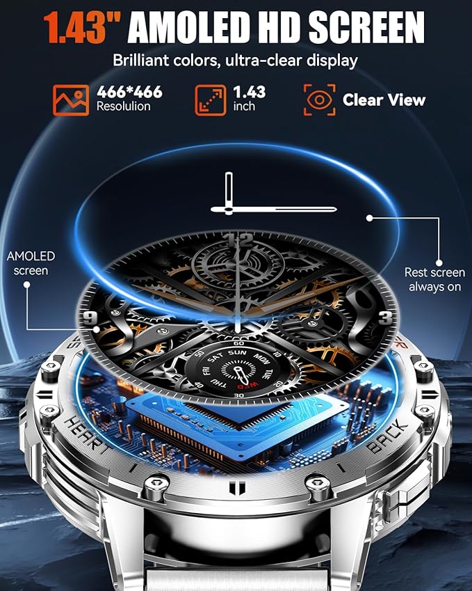 Military Smart Watches for Men with Bluetooth Call, 1.43" AMOLED Waterproof Smartwatch with Flashlight, 111 Sport Modes, 530mAh Heart Rate/SpO2/Sleep Monitor Fitness Tracker for Android iOS