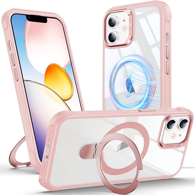 Anqrp O-Ring Magnetic Kickstand Clear Case for iPhone 12/12 Pro, Compatible with Mag-Safe, Military-Grade Reinforced 4-Corners Anti-Yellowing Transparent Phone Case Cover for iPhone 12/12 Pro, Pink