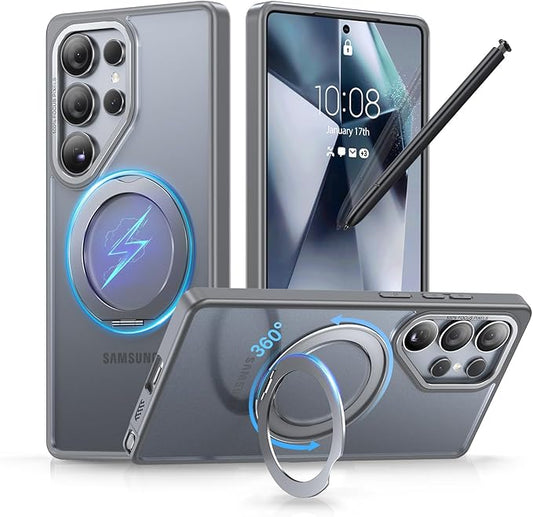 QTlier Phone case for Galaxy S24 Ultra& S25 Ultra- 360 Rotatable Magnetic Ring Stand, Military-Grade Protection, Raised Camera Frame (Grey, S25 Ultra)