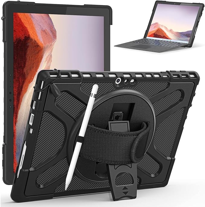 DreamerX for Microsoft Surface Pro 7+ Plus/7/6/5/4 Case 12.3" Case, Kids-Friendly Shockproof Rugged Business Cover Rotating Stand Hand Strap Pencil Holder, Compatible with Type Cover Keyboard, Black