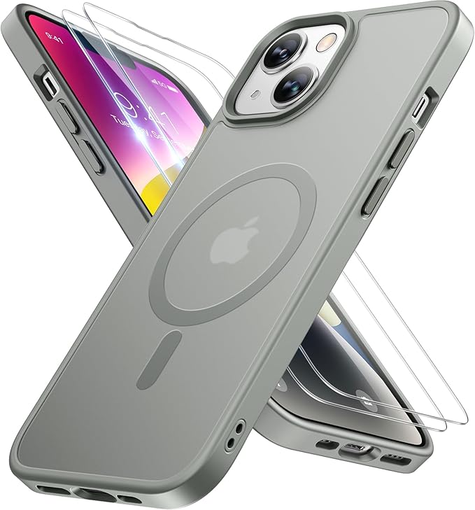 Miracase Magnetic for iPhone 14 Case 6.1 inch (Compatible with MagSafe)（with 2X Screen Protectors） Military-Grade Protection, Anti-Fingerprint Translucent Matte Phone Case Cover, Gray