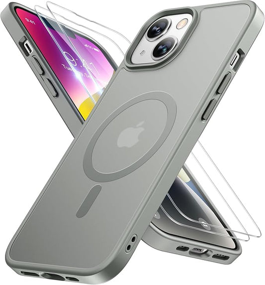 Miracase Magnetic for iPhone 14 Case 6.1 inch (Compatible with MagSafe)（with 2X Screen Protectors） Military-Grade Protection, Anti-Fingerprint Translucent Matte Phone Case Cover, Gray