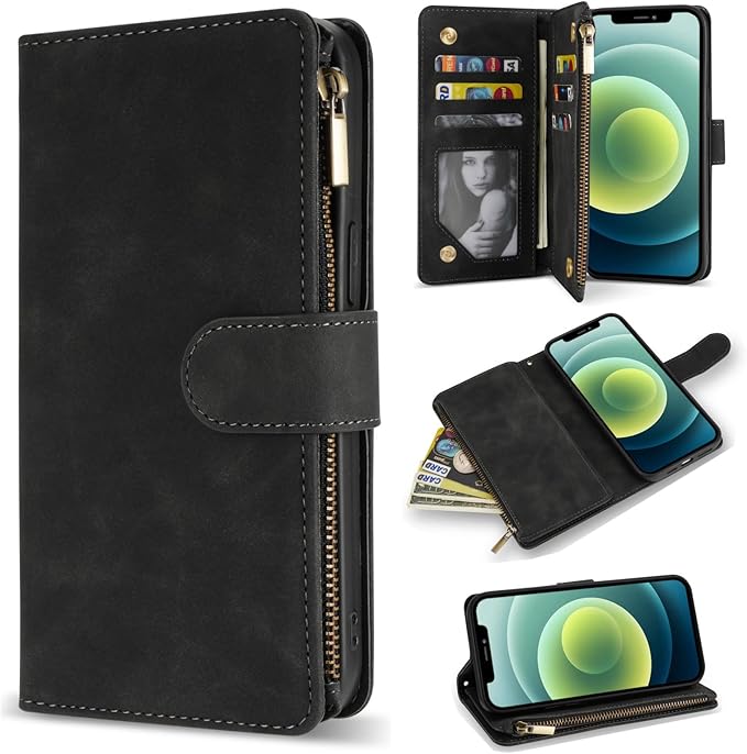 ZZXX for iPhone 12 Mini Wallet Case with Card Slot Premium Soft PU Leather Zipper Flip Folio Wallet with Wrist Strap Kickstand Protective for iPhone 12 Mini Case Wallet(Black 5.4 inch)