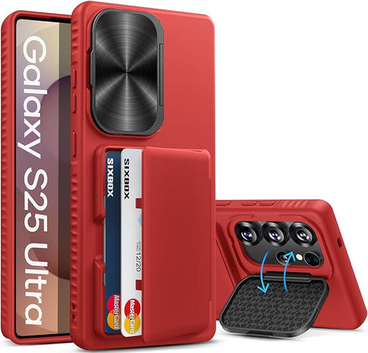 for Samsung Galaxy S25 Ultra Case, Built-in Card Holder & Stand & Lens Cover, Military Grade Drop Tested Soft Silicone Edge Rugged Protective Wallet Phone Case for S25 Ultra 6.9" 2025, Red