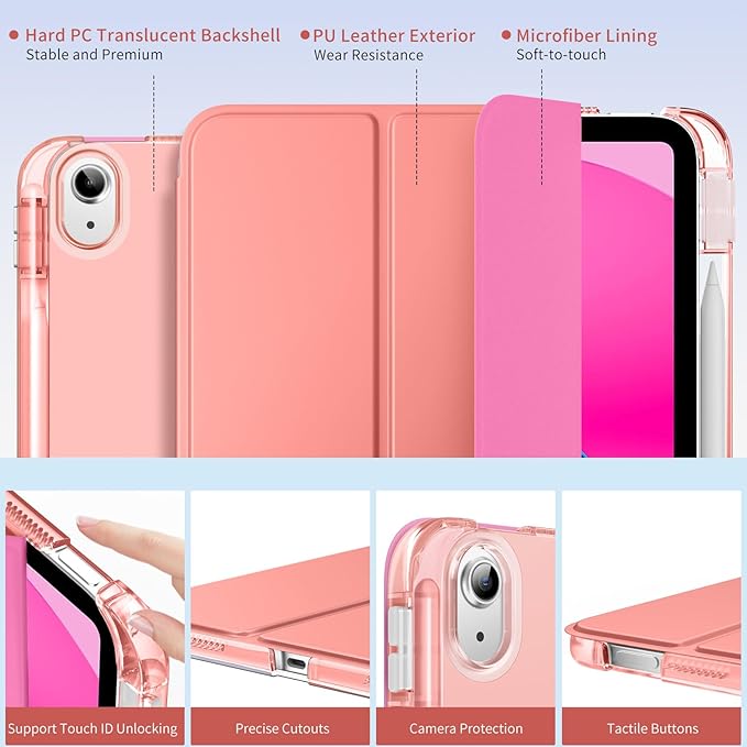 MoKo for iPad (A16) 11th Generation Case 11 Inch 2025, iPad 10th Generation Case 10.9 Inch 2022 with Pencil Holder, Slim Light Trifold Protective Cover with Hard PC Translucent Back Shell, Conch Shell