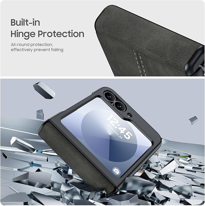 for Samsung Galaxy Z Flip 6 Case/Z Flip 7 FE Case with Hinge Protection & Built-in Screen Protector, Ultra Thin Leather Shockproof Cover Phone Case for Galaxy Z Flip 6/Z Flip 7 FE-Black Gary