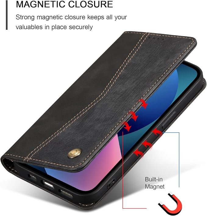 QLTYPRI Case for iPhone 16e, Vintage PU Leather Wallet Case Card Slot Kickstand Magnetic Closure Shockproof Flip Folio Cover for iPhone 16e - Retro Black